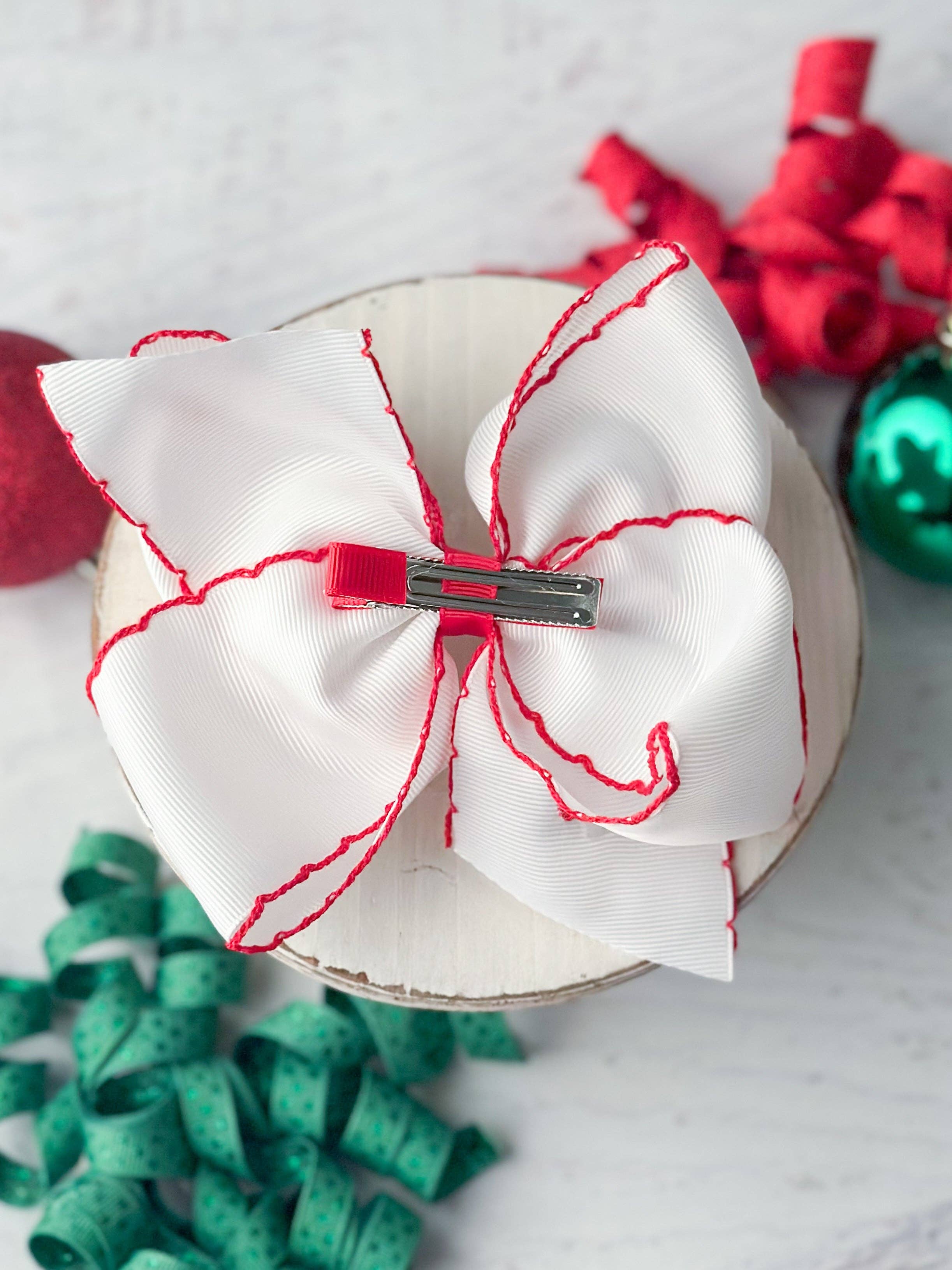 Candy Cane Embroidered Moonstitch Hair Bow: Christmas 2025