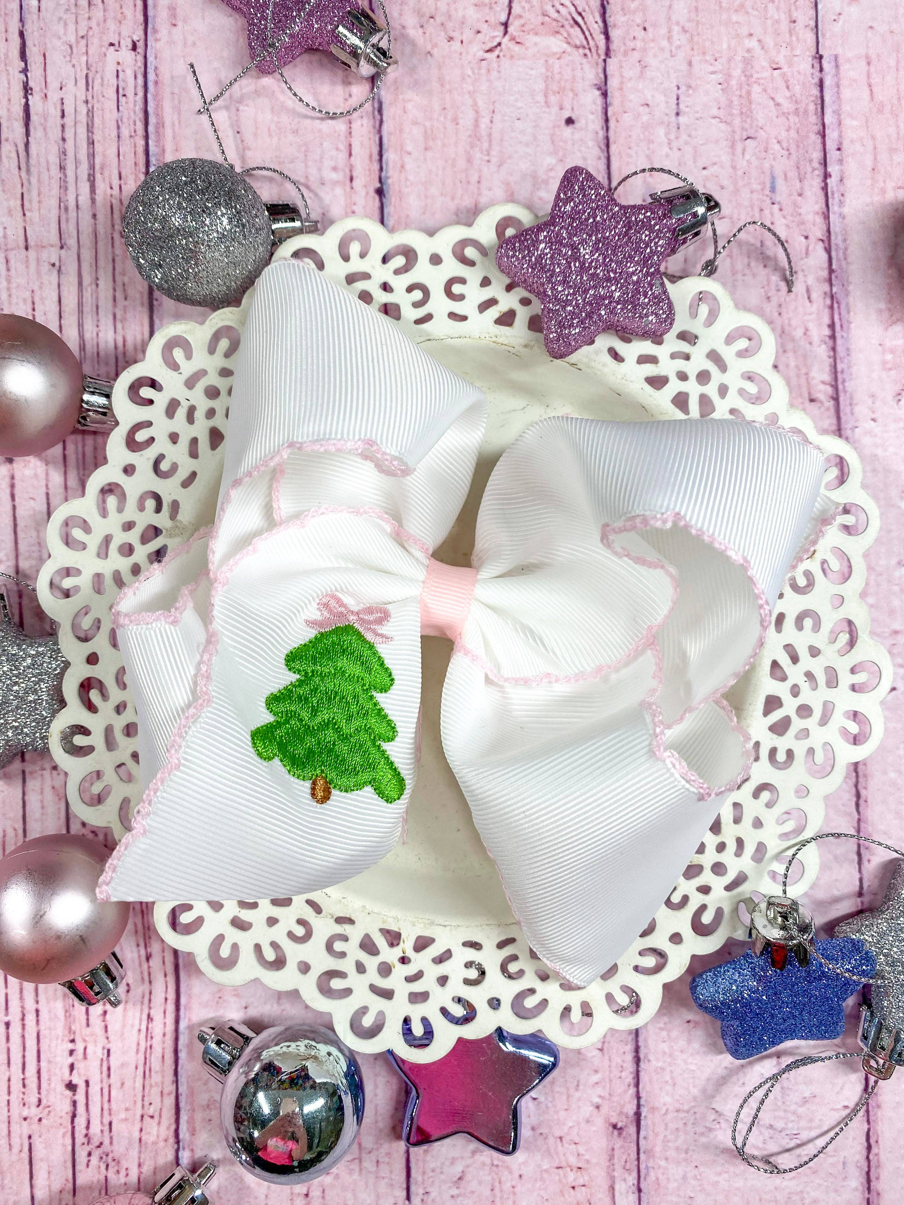 Pink Christmas Tree Embroidered Hair Bow: Christmas 2025