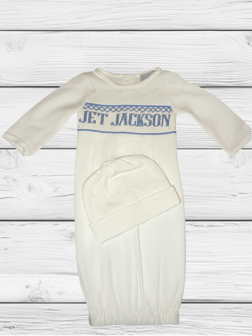 Jet Jackson - NB - Blue Baby Snuggles - Custom Smocked Pima Gown and Hat