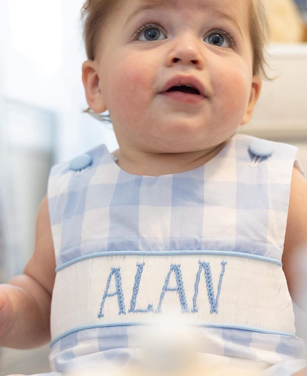 Custom, handmade smocked big blue gingham bubble