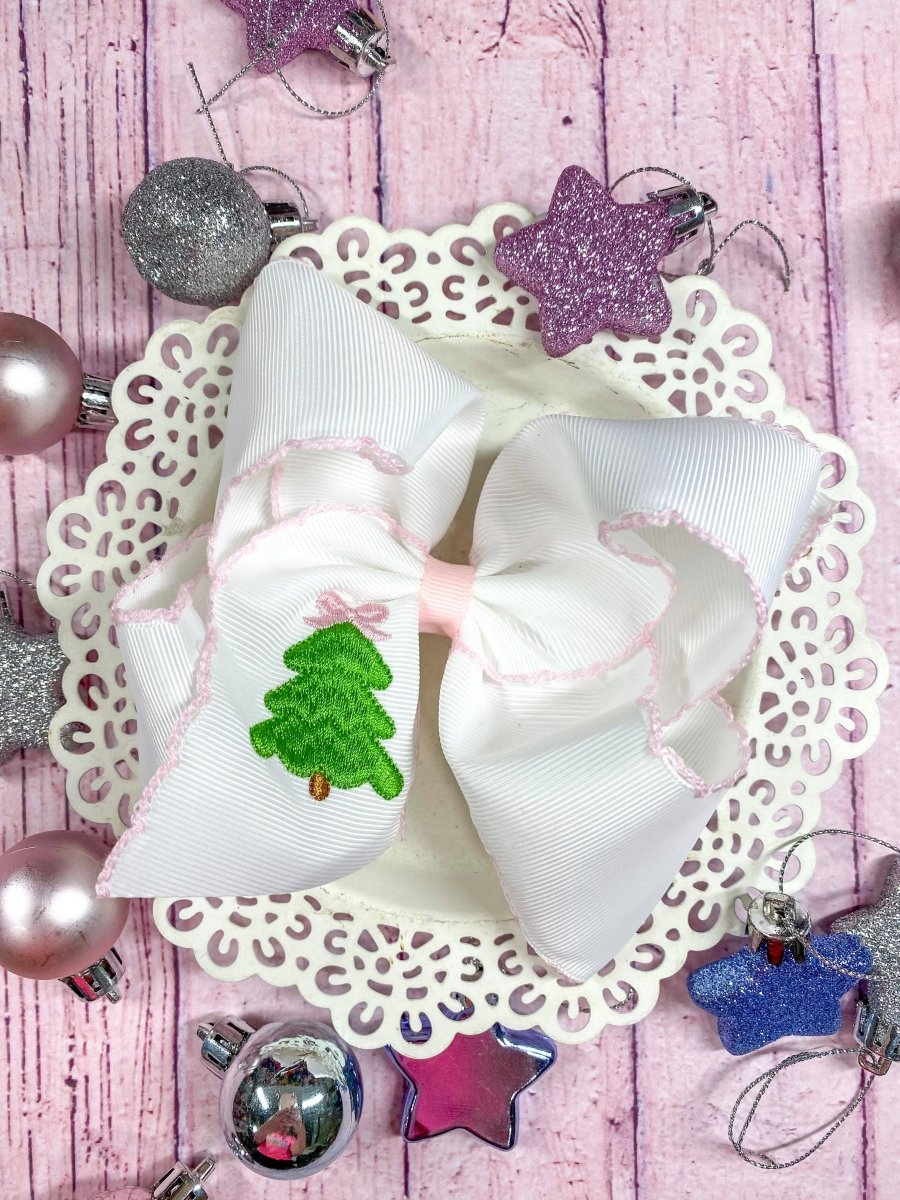 Pink Christmas Tree Embroidered Hair Bow: Christmas 2025 - Ann + Reeves Kids