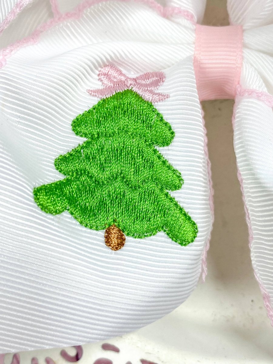 Pink Christmas Tree Embroidered Hair Bow: Christmas 2025 - Ann + Reeves Kids