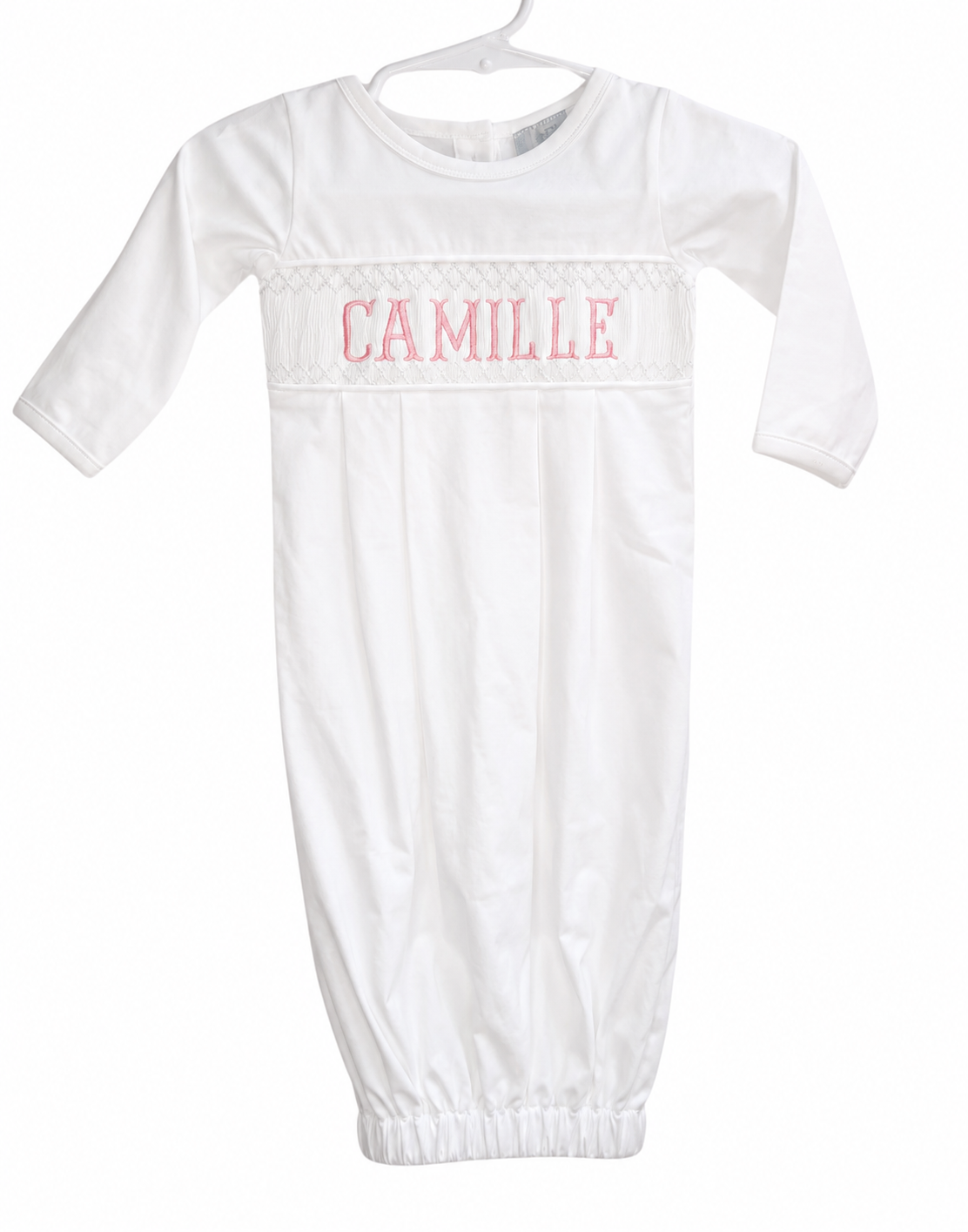 White Baby Snuggles - Custom Embroidered Gown and Hat (Pink and Blue)