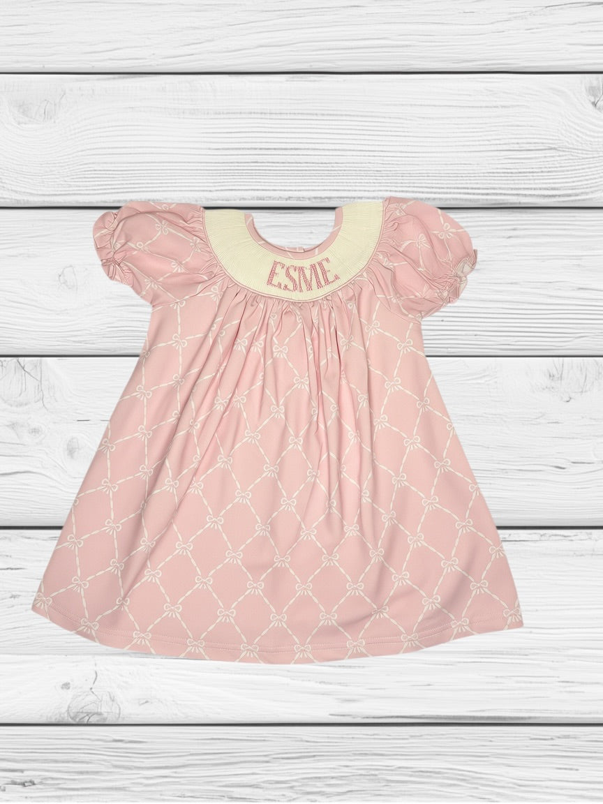 Esme - 12M - Knit Pink Bows - Custom Emmie Dress