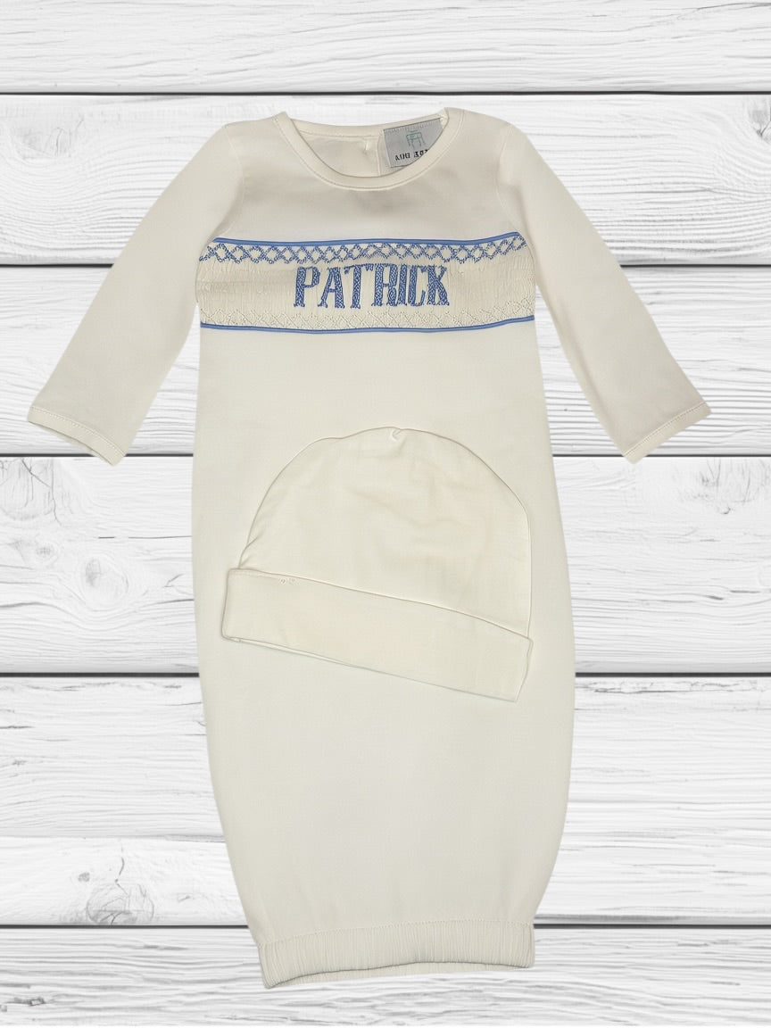 Patrick - 3M - Blue Baby Snuggles - Custom Smocked Pima Gown and Hat