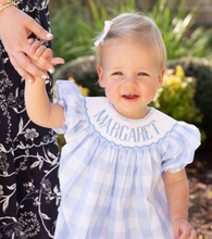 Load image into Gallery viewer, Custom, handmade smocked big blue gingham dress with puff sleeve. Each is made just for 
