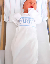 Load image into Gallery viewer, Blue Baby Snuggles - Custom Smocked Pima Gown and Hat
