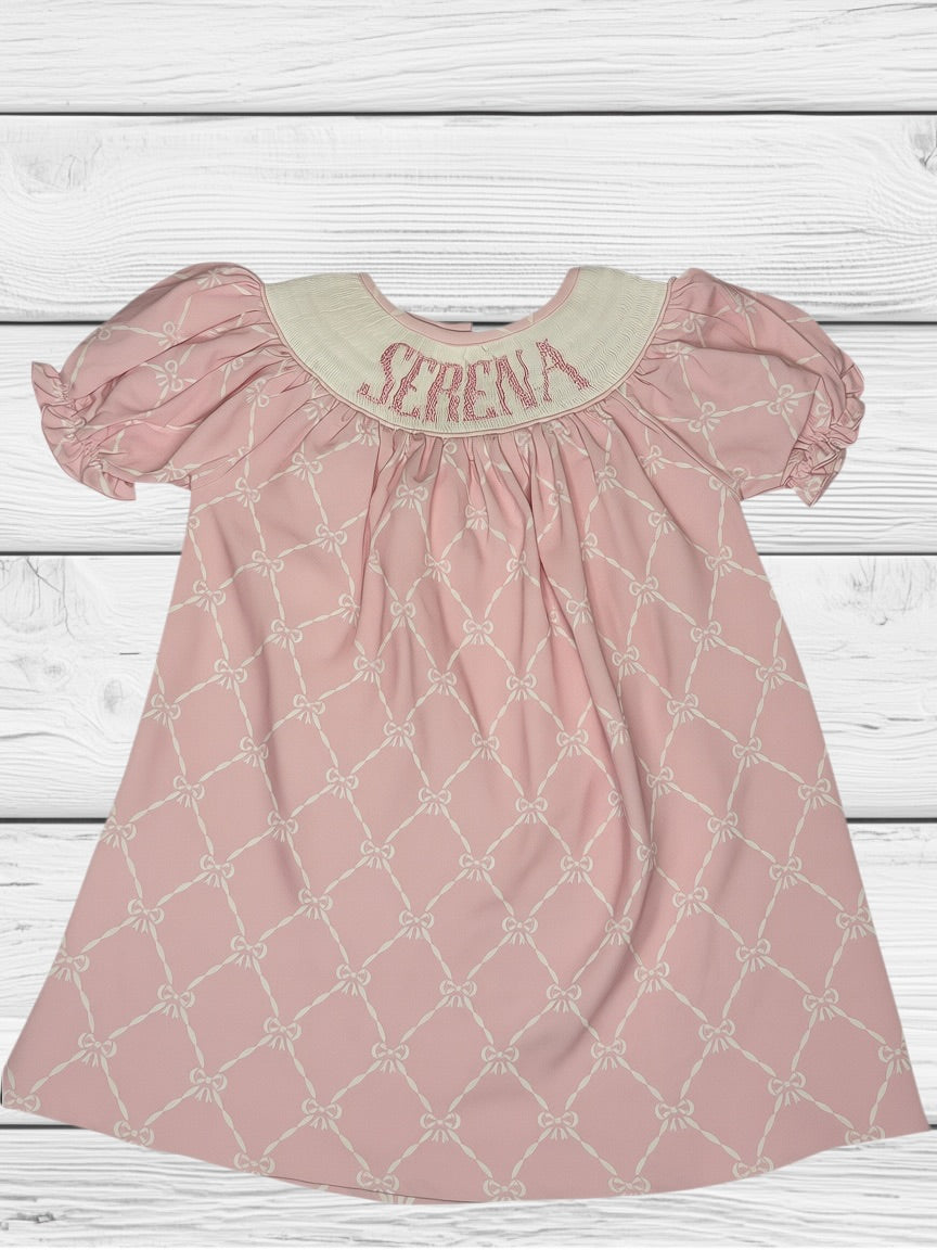Serena - 12M - Knit Pink Bows - Custom Emmie Dress