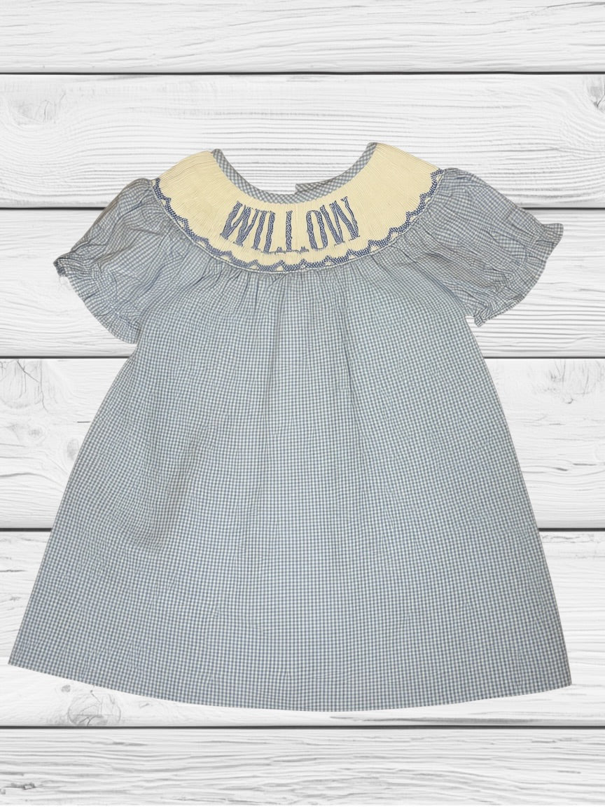 Willow - 9M - Knit Blue Gingham - Custom Emmie Dress