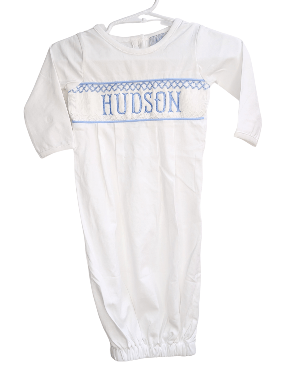 Blue Baby Snuggles - Custom Embroidered Gown (Quick Ship) - Ann + Reeves Kids