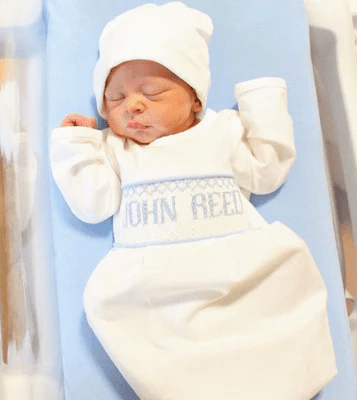 Blue Baby Snuggles Custom Smocked Pima Gown and Hat