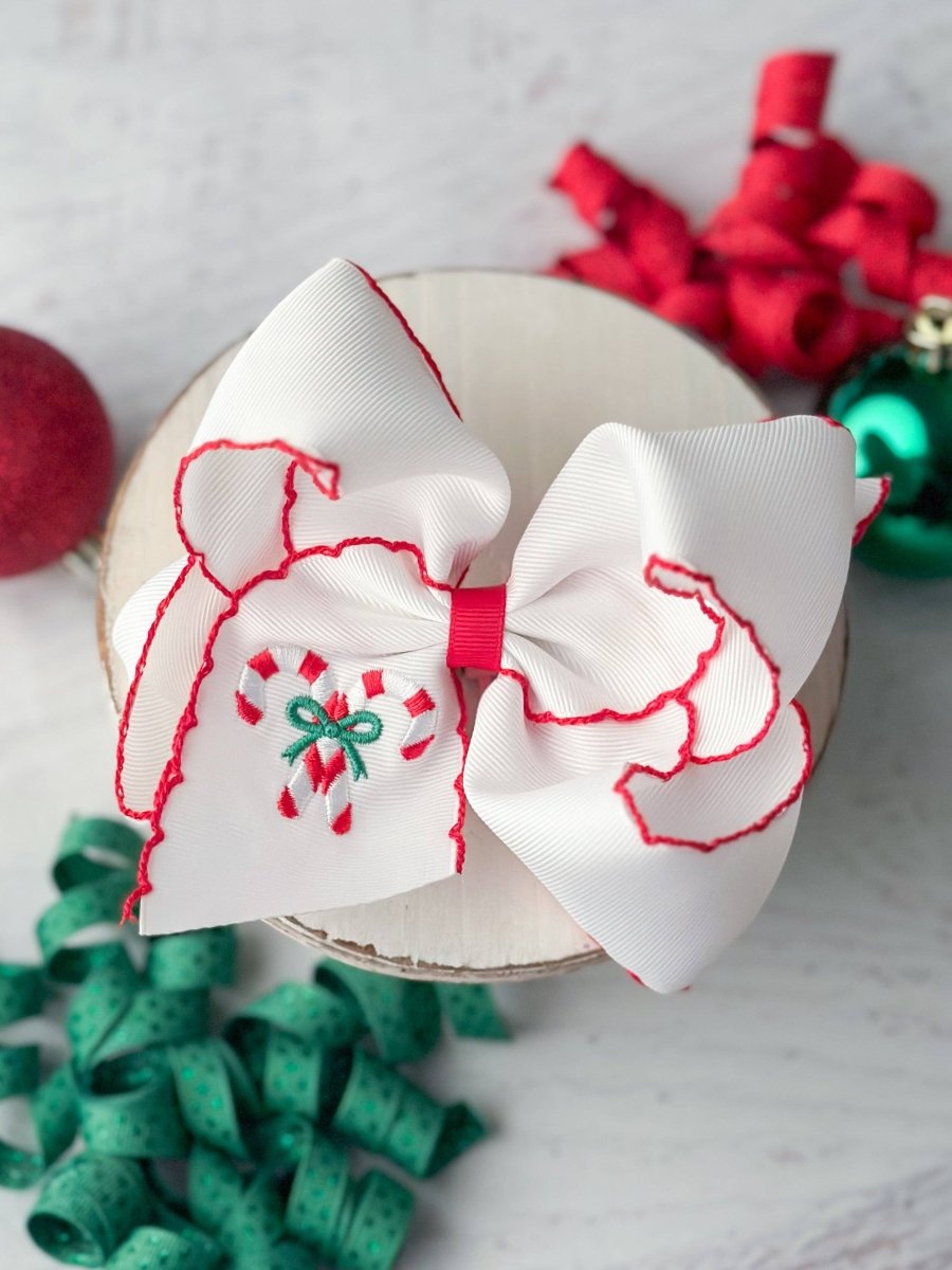 Candy Cane Embroidered Moonstitch Bow Headband - Ann + Reeves Kids
