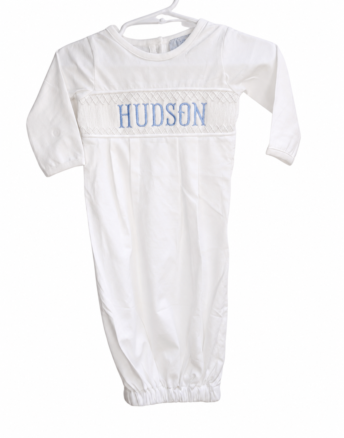 White Baby Snuggles - Custom Embroidered Gown and Hat (Pink and Blue)