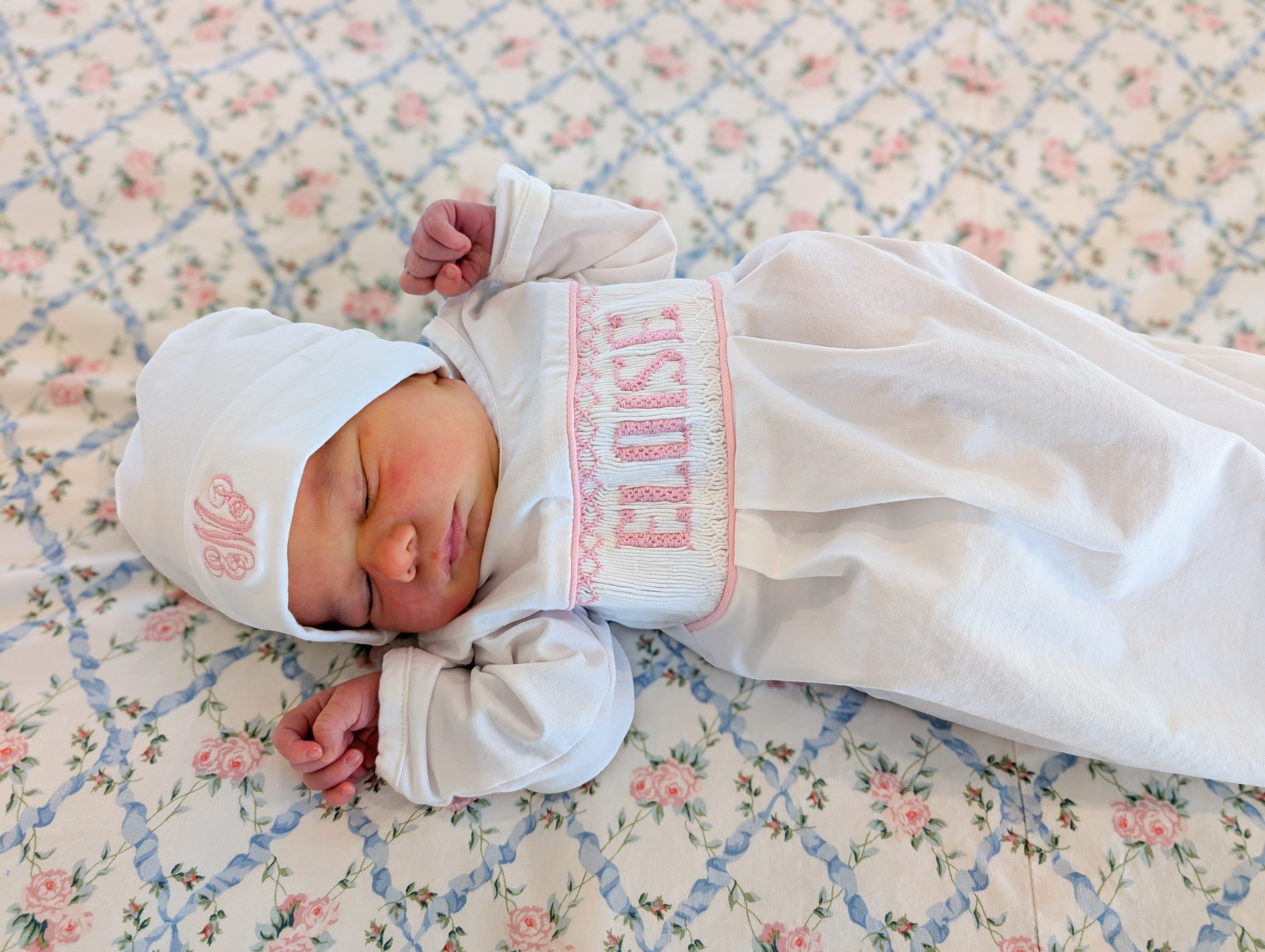Pink Baby Snuggles - Custom Smocked Pima Gown and Hat