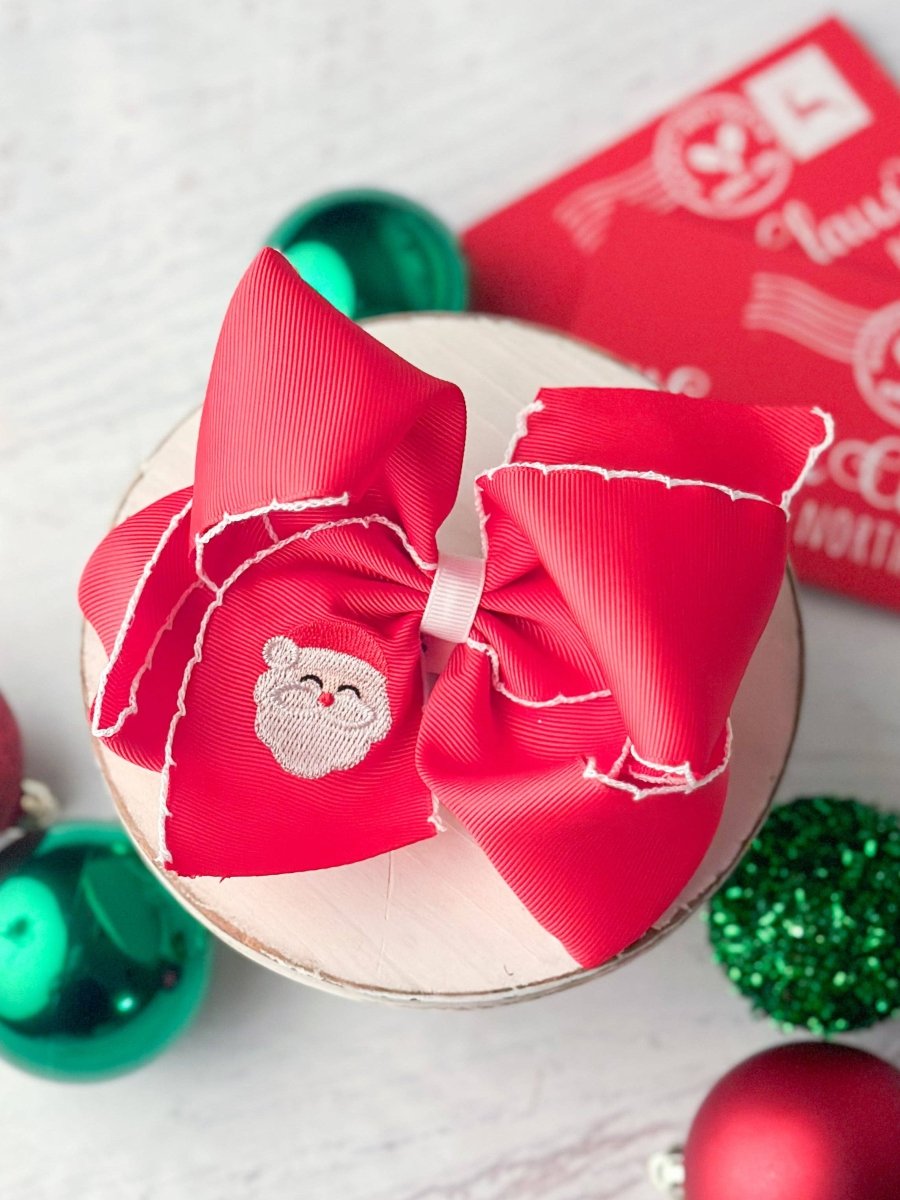 Santa Embroidered Moonstitch Hair Bow - Ann + Reeves Kids