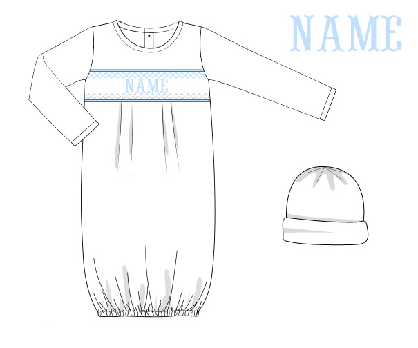 Blue Baby Snuggles - Custom Smocked Pima Gown and Hat