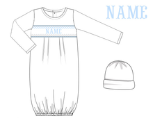 Load image into Gallery viewer, Blue Baby Snuggles - Custom Smocked Pima Gown and Hat
