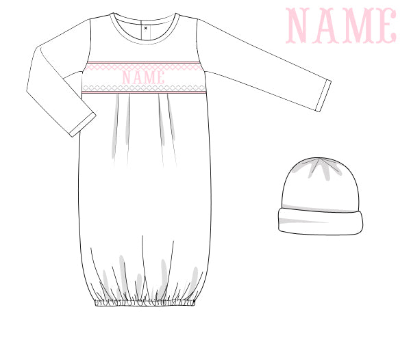 Pink Baby Snuggles - Custom Smocked Pima Gown and Hat