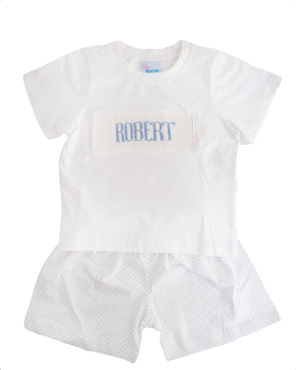Knit Blue Dot - Custom Robert Shorts Set - Ann + Reeves Kids